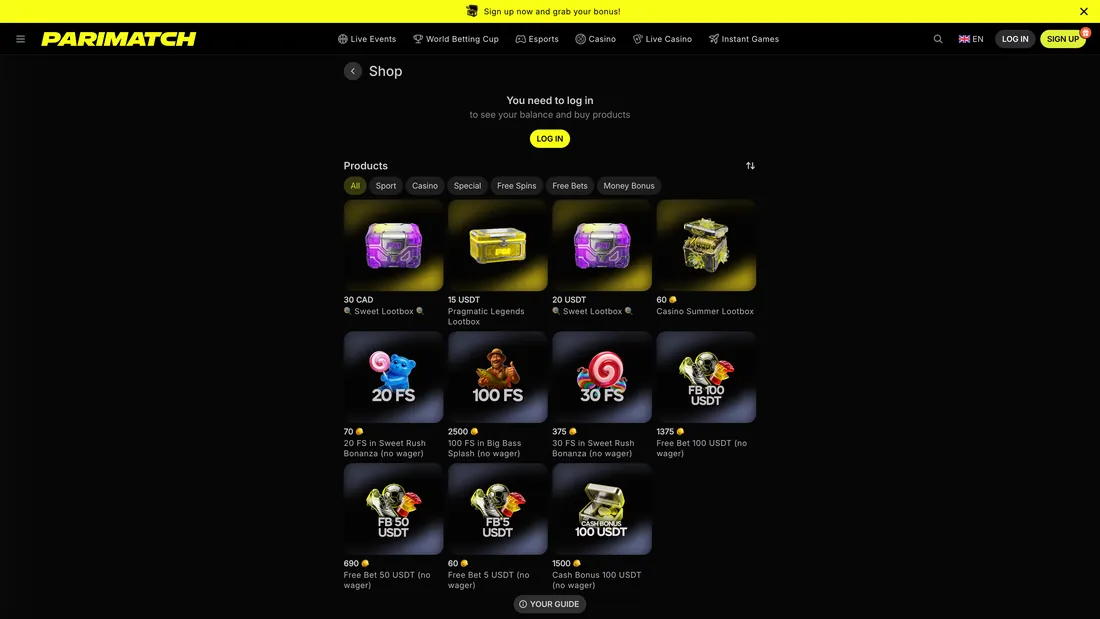 Tienda de bonos de la plataforma Parimatch